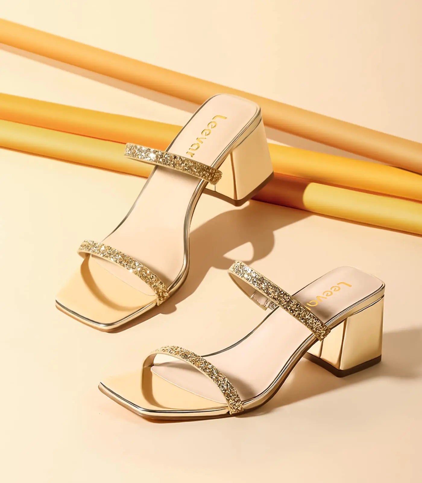 Leevar Square Toe Heeled Sandals for Women - Women's Low Block Heels Sandals - 2.25IN Open Toe Ankle Strap Chunky Heels - Slip on Heeled Sandal Mule- Nude Black Strappy Heels for Party Wedding Dress Shoes 6.5 Gold Glitter
