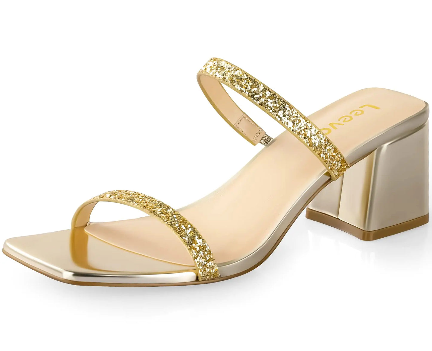 Leevar Square Toe Heeled Sandals for Women - Women's Low Block Heels Sandals - 2.25IN Open Toe Ankle Strap Chunky Heels - Slip on Heeled Sandal Mule- Nude Black Strappy Heels for Party Wedding Dress Shoes 6.5 Gold Glitter